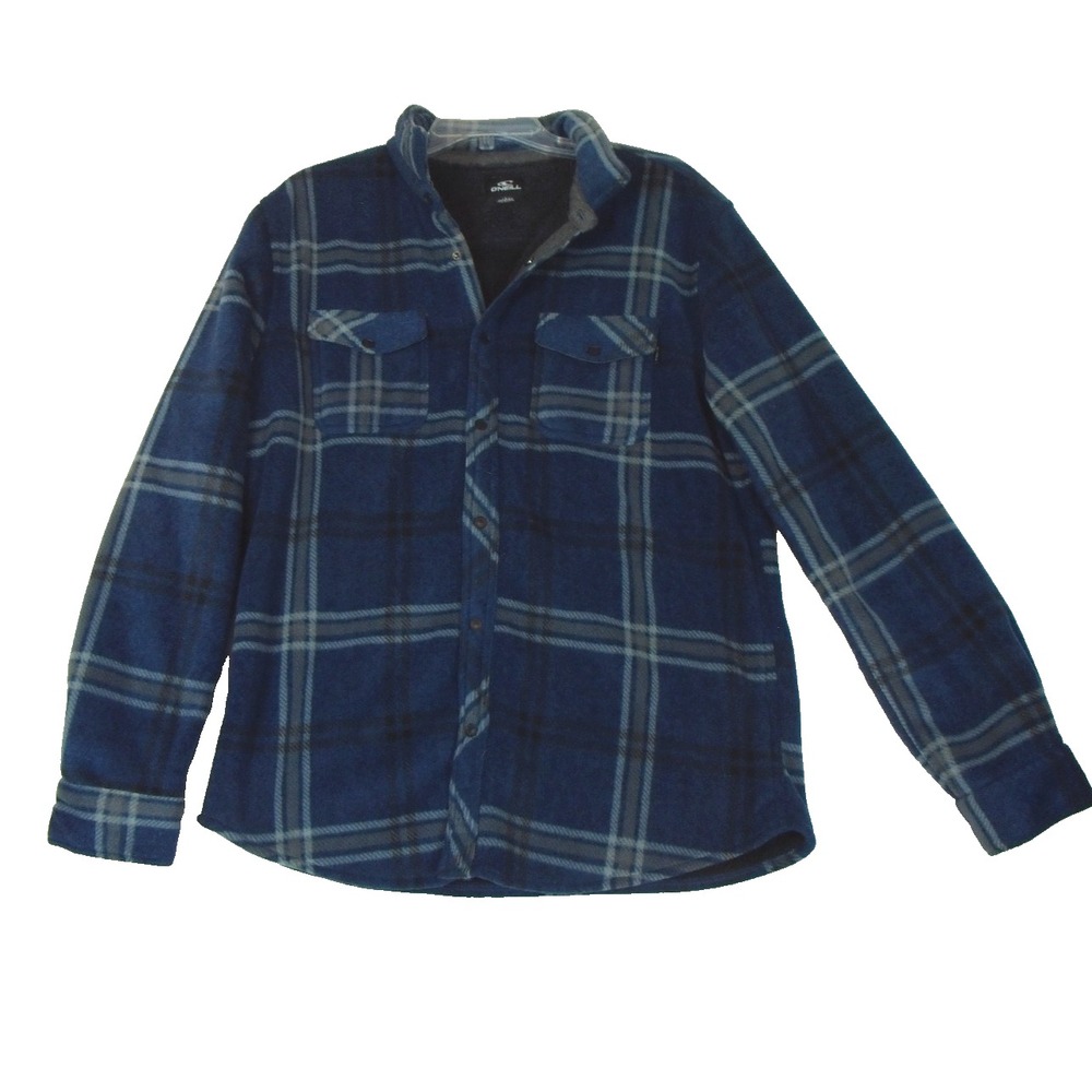 O'Neill Jacket Mens Large Blue Plaid Superfleece Sherpa Lined Warm Shirt Shaket